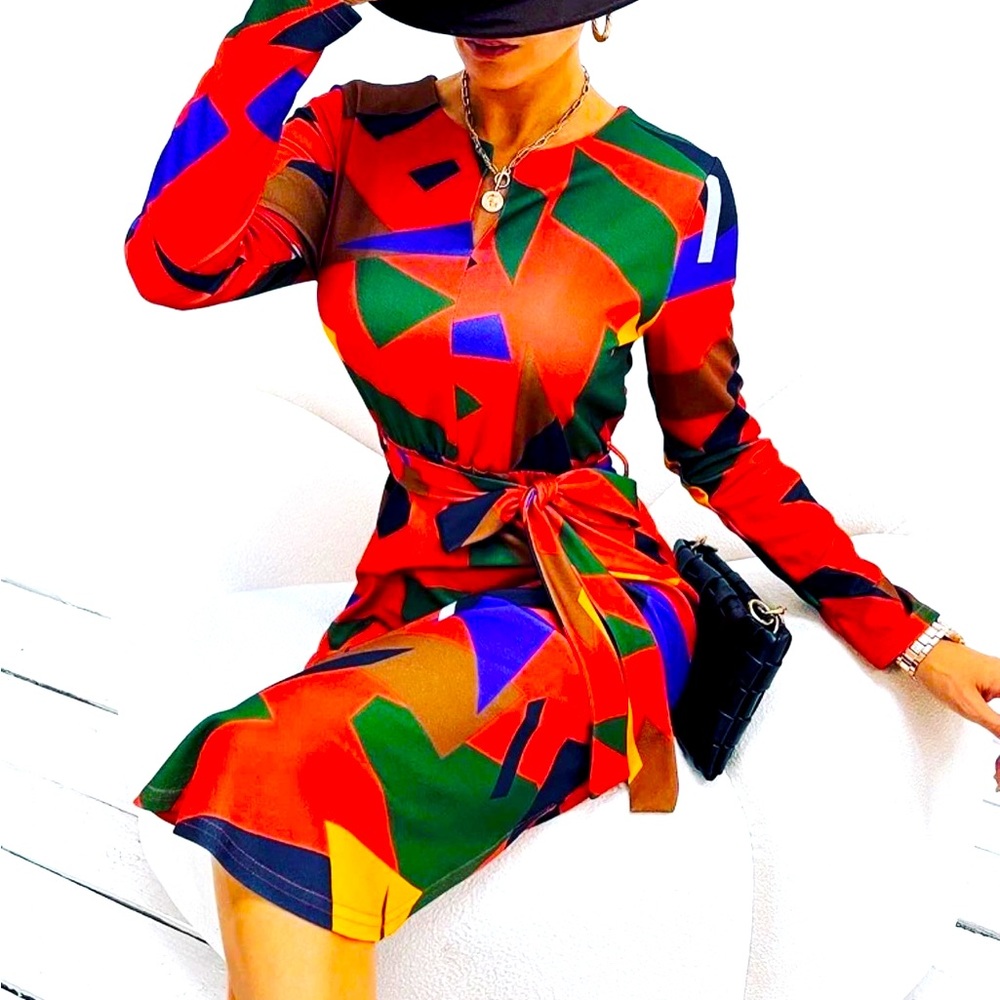 🔥 NWOT RETRO 1970’s STYLE ABSTRACT ORANGE GEO DRESS XL